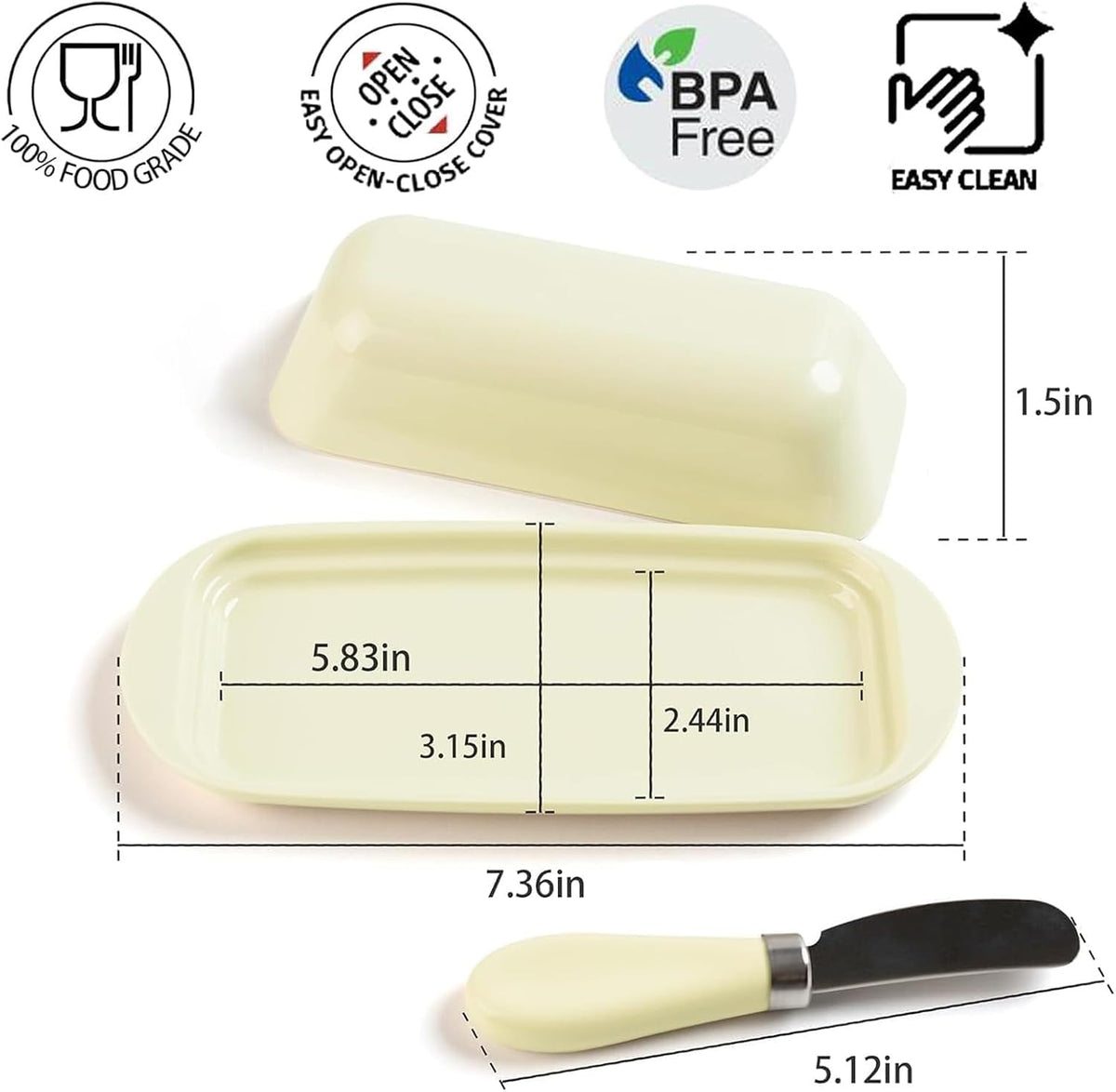 BPA-Free Melamine Butter Dish with Lid & Stainless Steel Knife-Farmhouse Butter Keeper for Countertop&Refrigerator Door Shelf, Dishwasher Safe,Holds 1 Stick with East&West Coast Butter-Cream