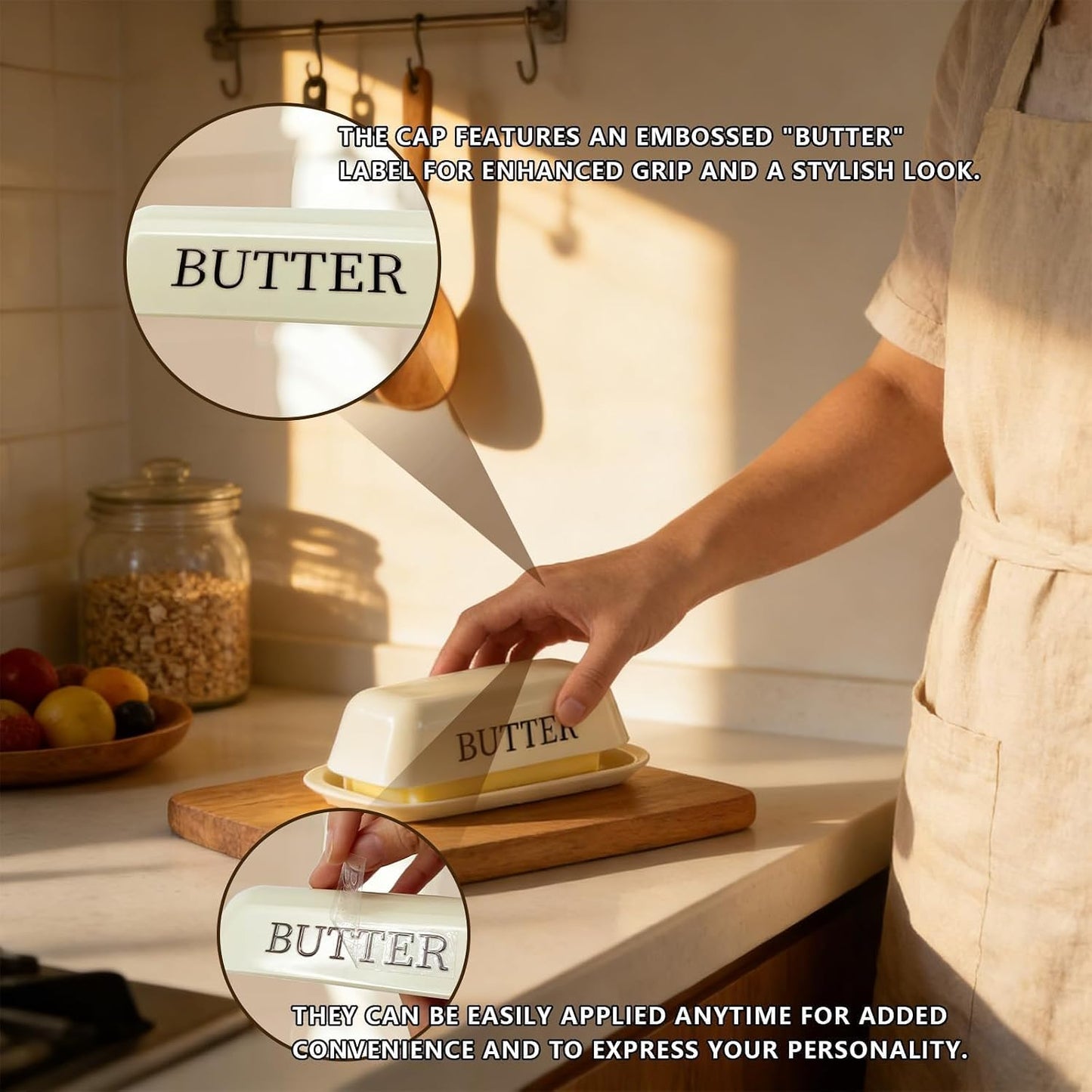 BPA-Free Melamine Butter Dish with Lid & Stainless Steel Knife-Farmhouse Butter Keeper for Countertop&Refrigerator Door Shelf, Dishwasher Safe,Holds 1 Stick with East&West Coast Butter-Cream