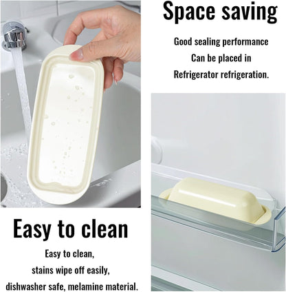 BPA-Free Melamine Butter Dish with Lid & Stainless Steel Knife-Farmhouse Butter Keeper for Countertop&Refrigerator Door Shelf, Dishwasher Safe,Holds 1 Stick with East&West Coast Butter-Cream