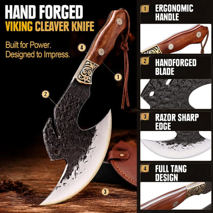 Hand Forged Meat Cleaver,6.2" Viking Knife with Sheath gift for men | High carbon steel kitchen axe for meat cutting. Ideal for outdoor BBQ & camping. Premium birthday gift box for men & dad
