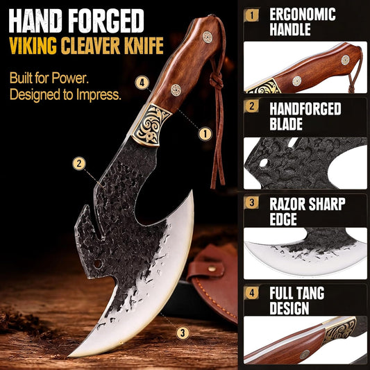 Hand Forged Meat Cleaver,6.2" Viking Knife with Sheath gift for men | High carbon steel kitchen axe for meat cutting. Ideal for outdoor BBQ & camping. Premium birthday gift box for men & dad
