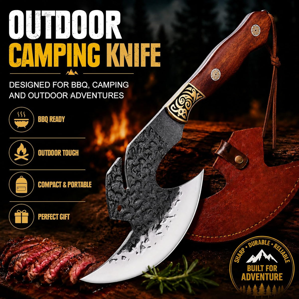 Hand Forged Meat Cleaver,6.2" Viking Knife with Sheath gift for men | High carbon steel kitchen axe for meat cutting. Ideal for outdoor BBQ & camping. Premium birthday gift box for men & dad