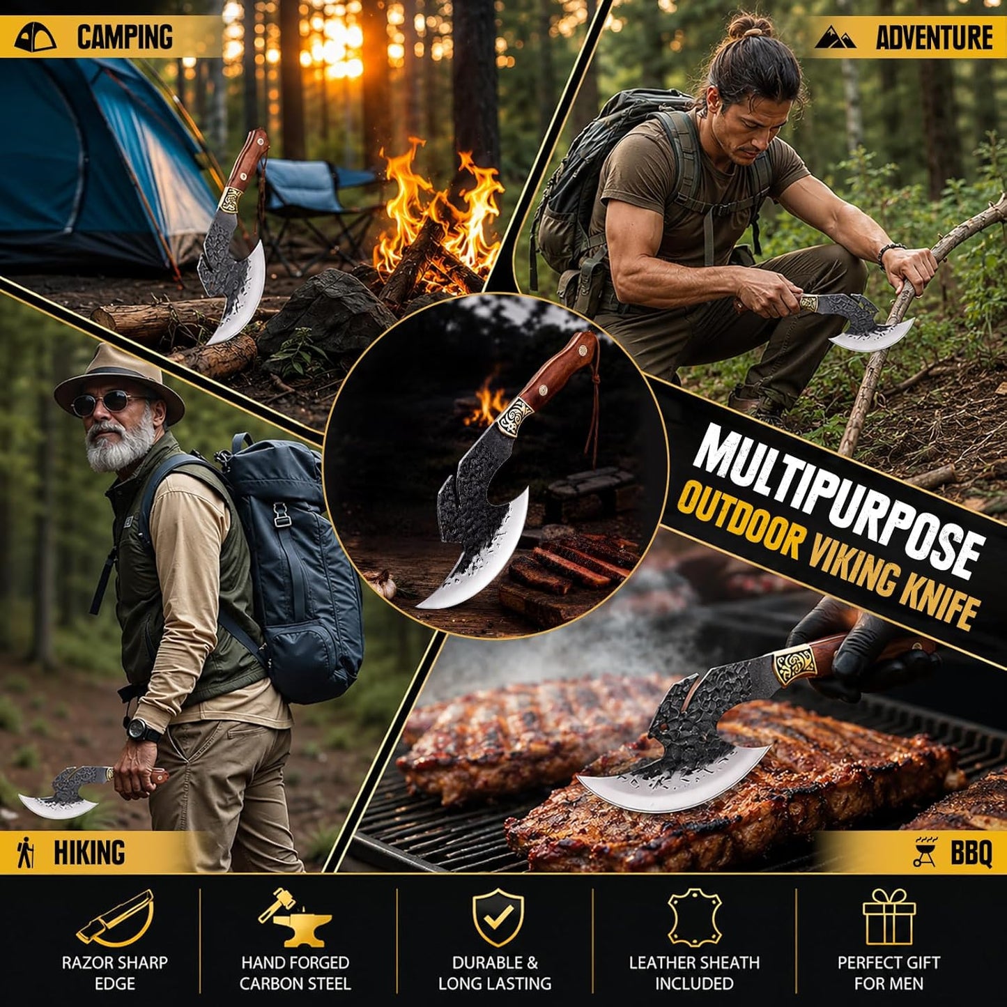 Hand Forged Meat Cleaver,6.2" Viking Knife with Sheath gift for men | High carbon steel kitchen axe for meat cutting. Ideal for outdoor BBQ & camping. Premium birthday gift box for men & dad