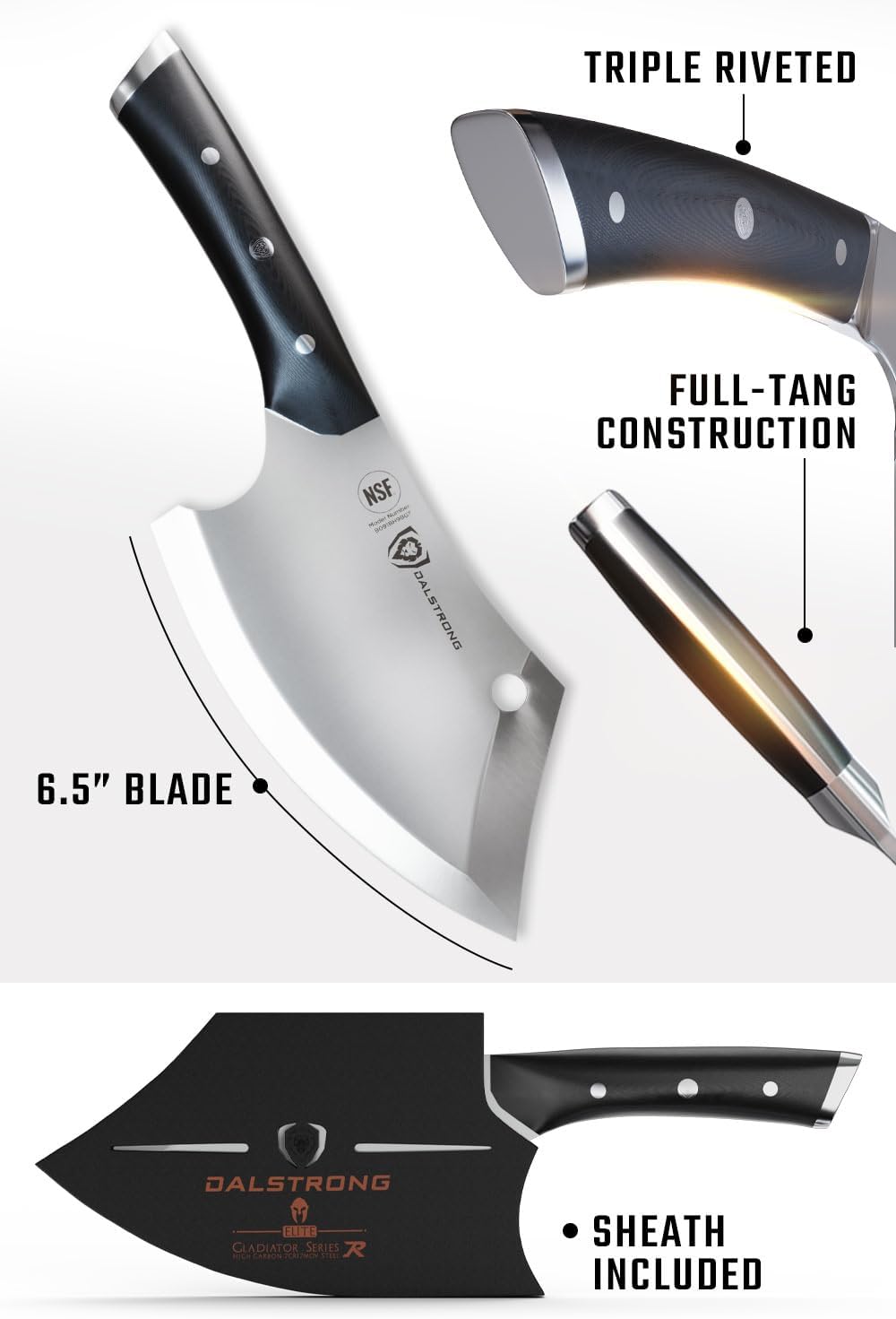 Mini Rocking Cleaver Knife - 6.5 inch - Gladiator Series 'R' - 7CR17MOV High Carbon Steel - Razor Sharp Kitchen Knife - Black G10 Handle - Meat Cleaver, Vegetable Knife - NSF Certified