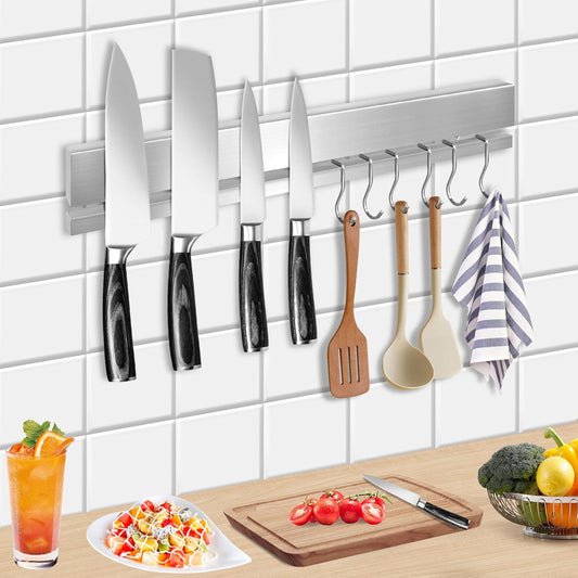 12 Inch Magnetic Knife Holder for Wall, No Drill Magnetic Knife Strip with 6 Hooks, Strong Adhesive, Includes 3M Tape & Screws, Stainless Steel Kitchen Organizer