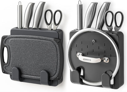 Wall Mounted Knife & Cutting Board Holder – Self-Adhesive Pot Lid and Utensil Organizer with 4 Slots for Knives, Scissors & Kitchen Tools | Space-Saving Under Cabinet Storage Rack