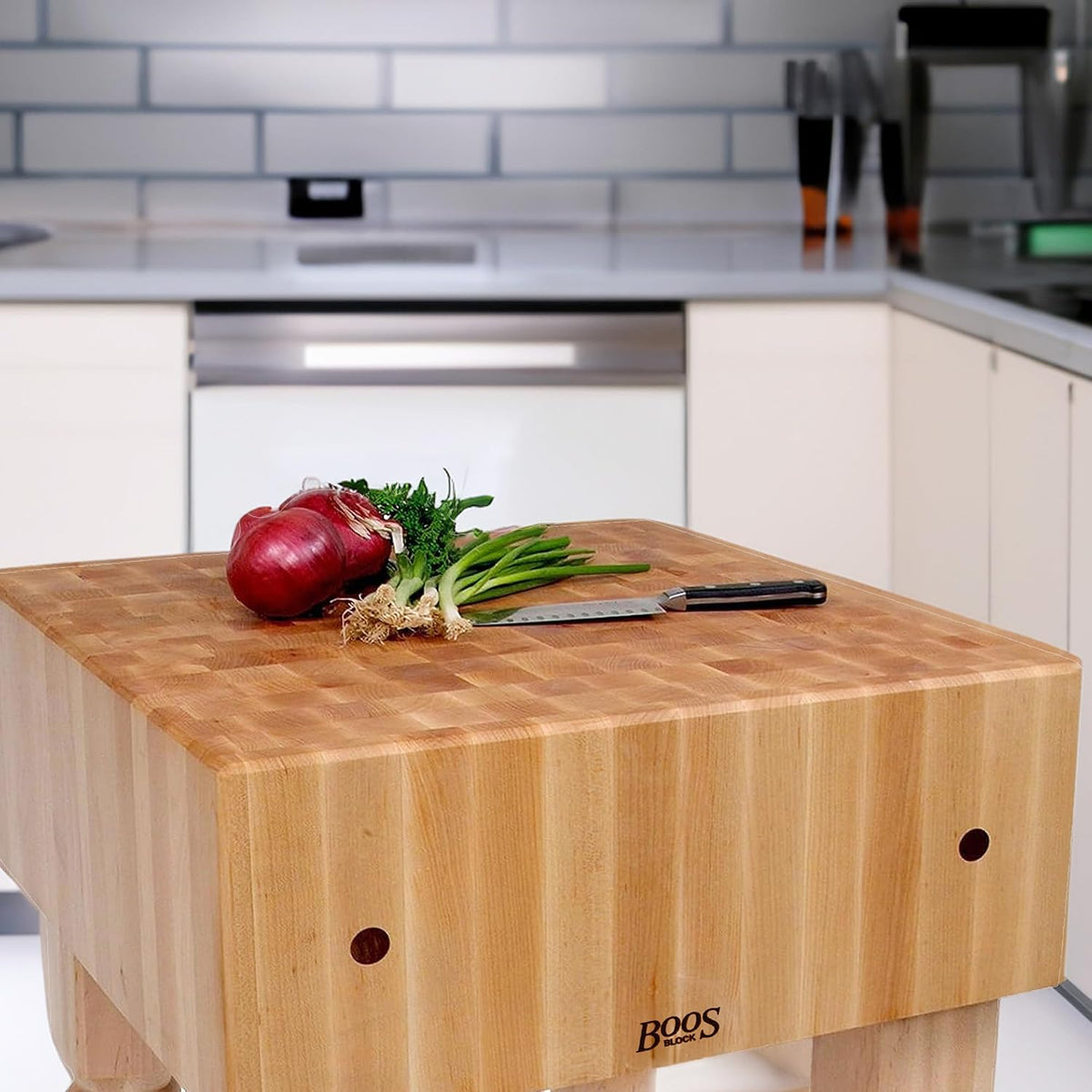 AB Series Square Wooden Maple Cutting Board 18”x18”x34” – 10” Thick, 135-lb Non-Reversible Butcher Block with Legs & End-Grain