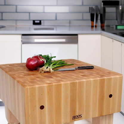 AB Series Square Wooden Maple Cutting Board 18”x18”x34” – 10” Thick, 135-lb Non-Reversible Butcher Block with Legs & End-Grain
