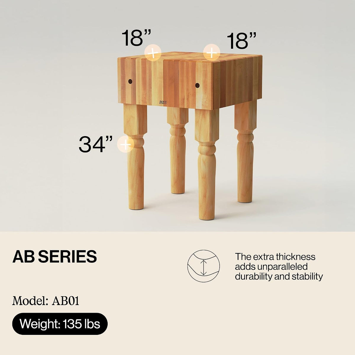 AB Series Square Wooden Maple Cutting Board 18”x18”x34” – 10” Thick, 135-lb Non-Reversible Butcher Block with Legs & End-Grain
