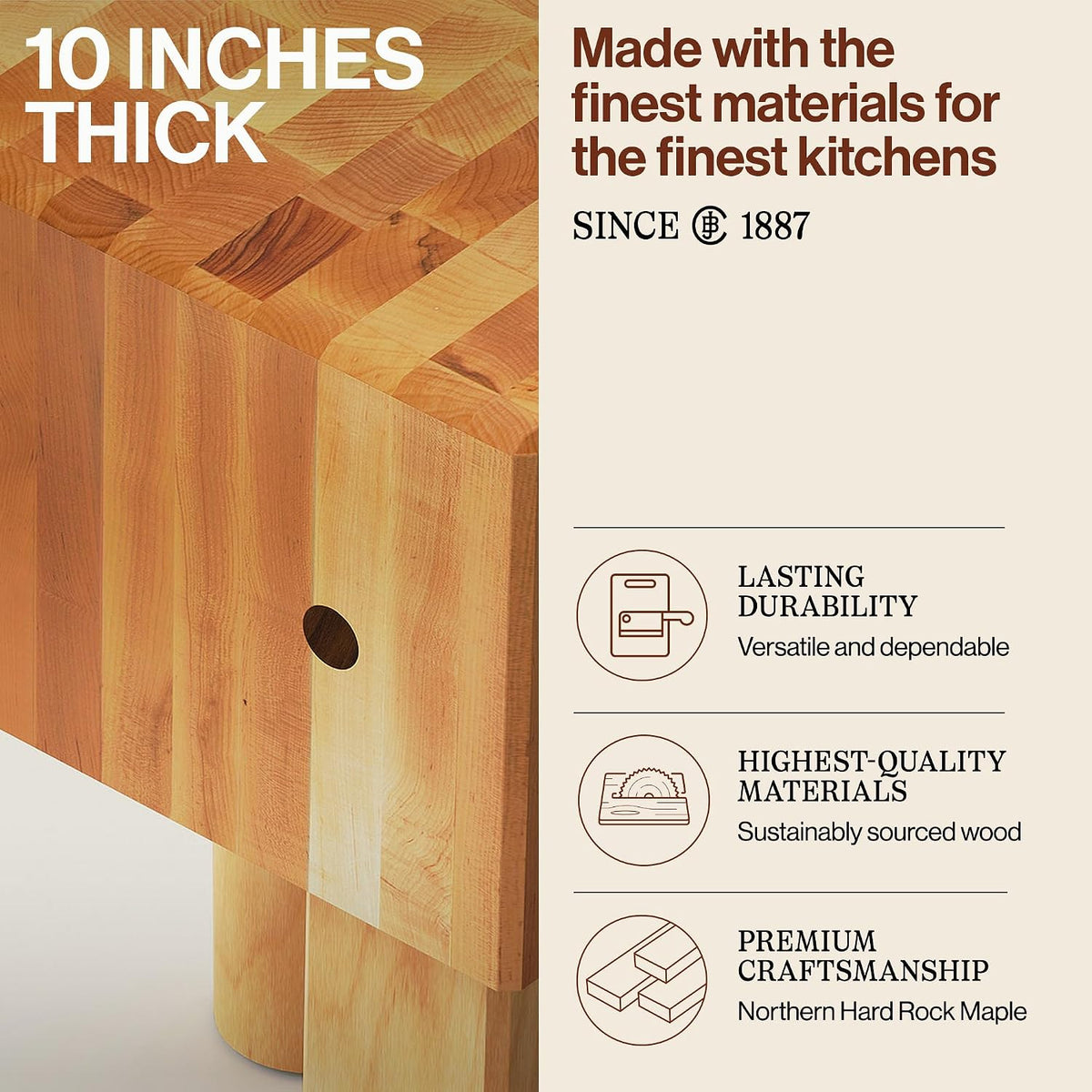 AB Series Square Wooden Maple Cutting Board 18”x18”x34” – 10” Thick, 135-lb Non-Reversible Butcher Block with Legs & End-Grain