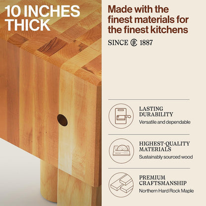 AB Series Square Wooden Maple Cutting Board 18”x18”x34” – 10” Thick, 135-lb Non-Reversible Butcher Block with Legs & End-Grain