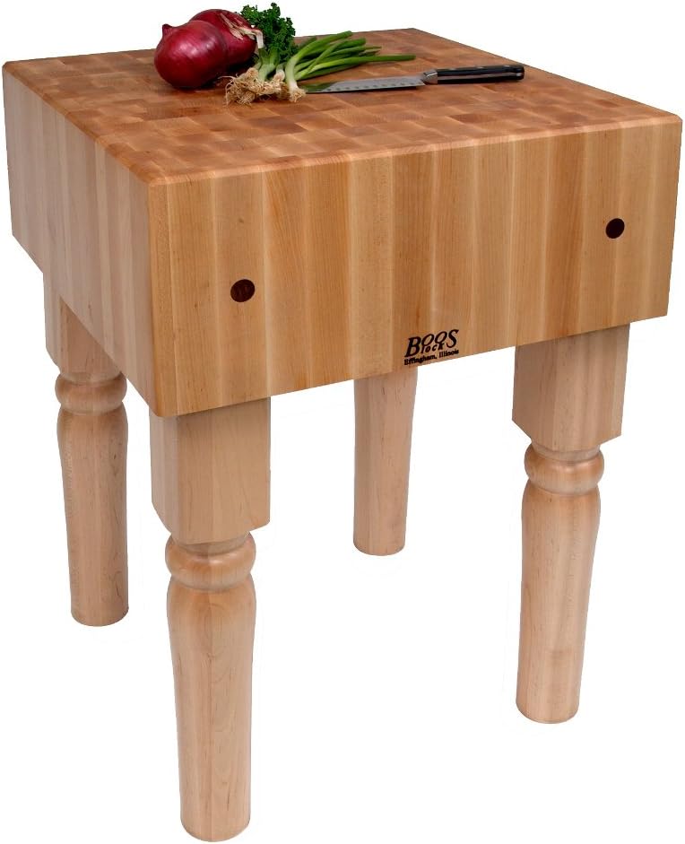 AB Series Square Wooden Maple Cutting Board 18”x18”x34” – 10” Thick, 135-lb Non-Reversible Butcher Block with Legs & End-Grain