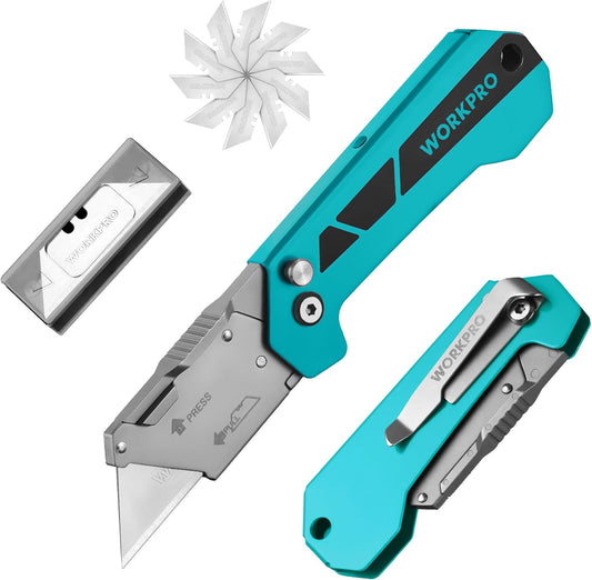 Box Cutter, Utility Knife, Blue | Quick Change Blade Razor Knife, Folding Pocket Knife with Belt Clip and Axis Lock, 10 Extra Blades Included