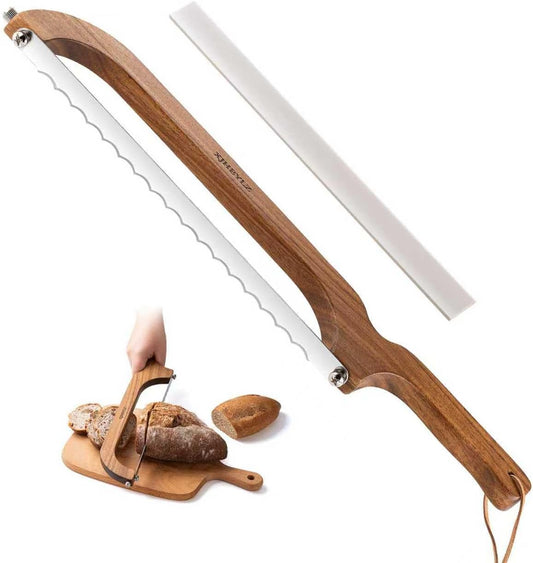 Sourdough bread knife,Bread slicer for homemade bread,(1,brown) | Adjustable blade tightness for Even Slicing, Serrated knife,Wooden bread cutter with Bow Design