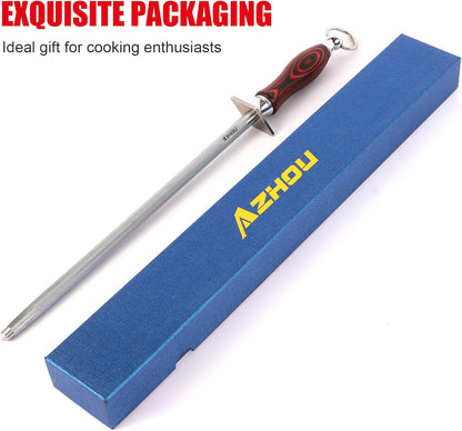 12" Professional Knife Sharpener Steel Rod - High Carbon Steel (HRC 63), Fine 200 Grit for Kitchen & Chef Knives, Easy to Use with Non-Slip Wooden Handle & Gift Box