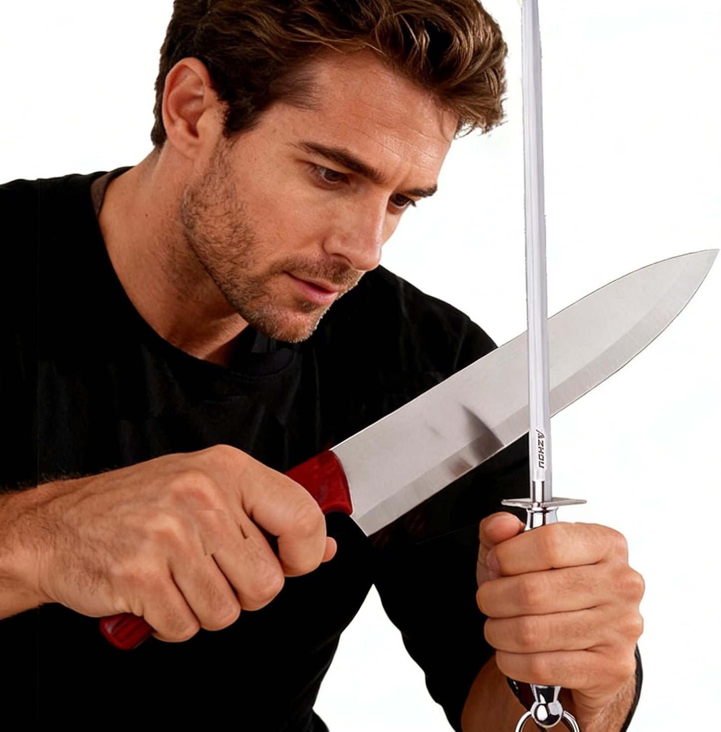 12" Professional Knife Sharpener Steel Rod - High Carbon Steel (HRC 63), Fine 200 Grit for Kitchen & Chef Knives, Easy to Use with Non-Slip Wooden Handle & Gift Box
