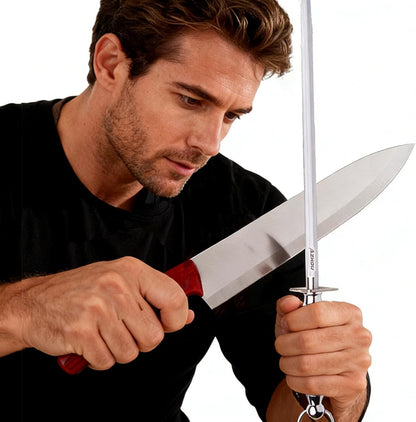 12" Professional Knife Sharpener Steel Rod - High Carbon Steel (HRC 63), Fine 200 Grit for Kitchen & Chef Knives, Easy to Use with Non-Slip Wooden Handle & Gift Box