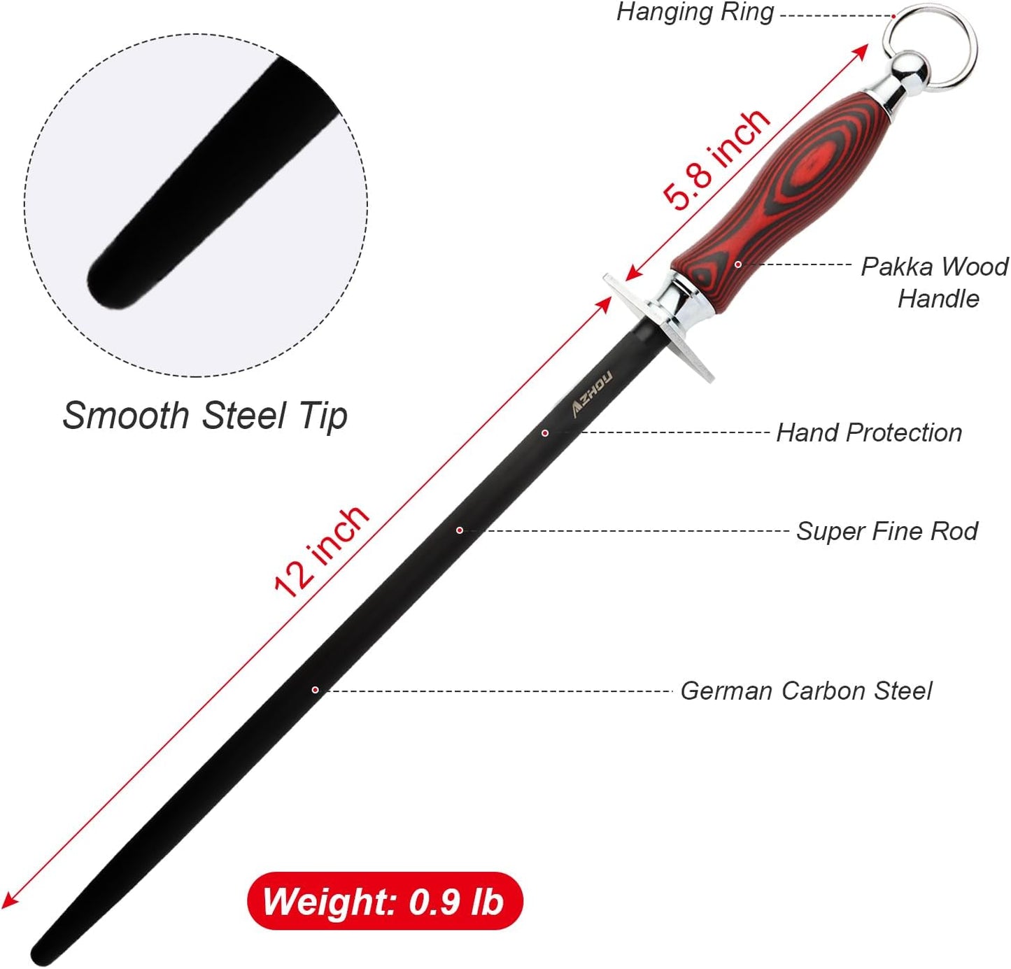 12" Professional Knife Sharpener Steel Rod - High Carbon Steel (HRC 63), Fine 200 Grit for Kitchen & Chef Knives, Easy to Use with Non-Slip Wooden Handle & Gift Box