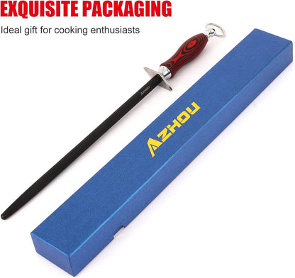 12" Professional Knife Sharpener Steel Rod - High Carbon Steel (HRC 63), Fine 200 Grit for Kitchen & Chef Knives, Easy to Use with Non-Slip Wooden Handle & Gift Box