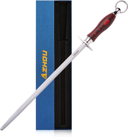12" Professional Knife Sharpener Steel Rod - High Carbon Steel (HRC 63), Fine 200 Grit for Kitchen & Chef Knives, Easy to Use with Non-Slip Wooden Handle & Gift Box