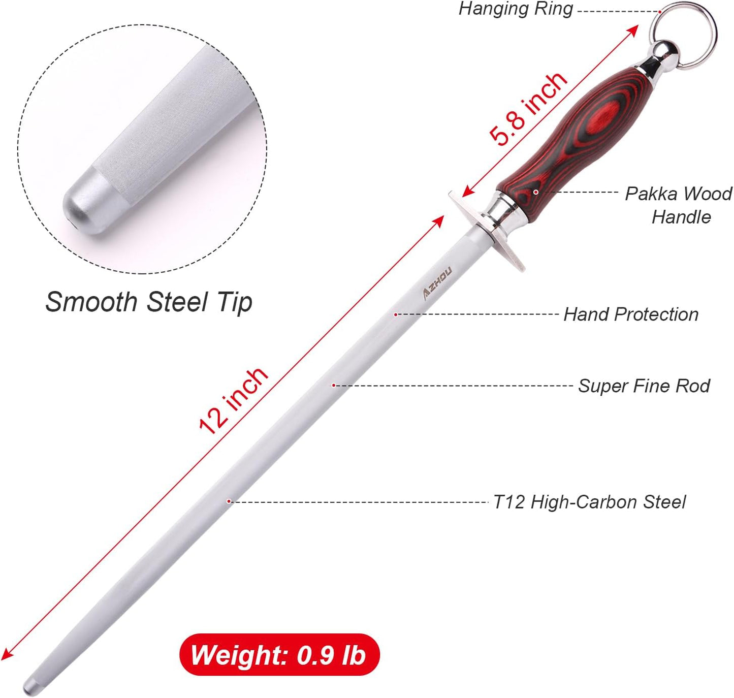 12" Professional Knife Sharpener Steel Rod - High Carbon Steel (HRC 63), Fine 200 Grit for Kitchen & Chef Knives, Easy to Use with Non-Slip Wooden Handle & Gift Box