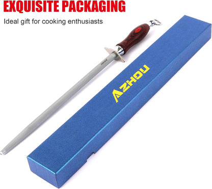 12" Professional Knife Sharpener Steel Rod - High Carbon Steel (HRC 63), Fine 200 Grit for Kitchen & Chef Knives, Easy to Use with Non-Slip Wooden Handle & Gift Box