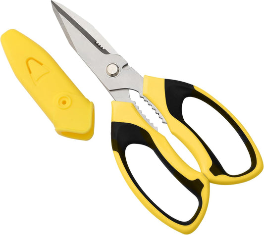 Utility Scissors All Purpose heavy duty 8-Inch Yellow | Comfort Grip, Sharp Serrated Blades Cutting Carpet Cardboard Wire Fabric, Multipurpose Shears for Kitchen Garden Office Craft