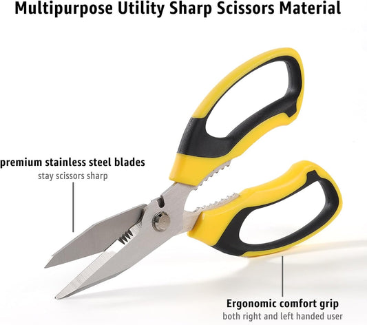 Utility Scissors All Purpose heavy duty 8-Inch Yellow | Comfort Grip, Sharp Serrated Blades Cutting Carpet Cardboard Wire Fabric, Multipurpose Shears for Kitchen Garden Office Craft