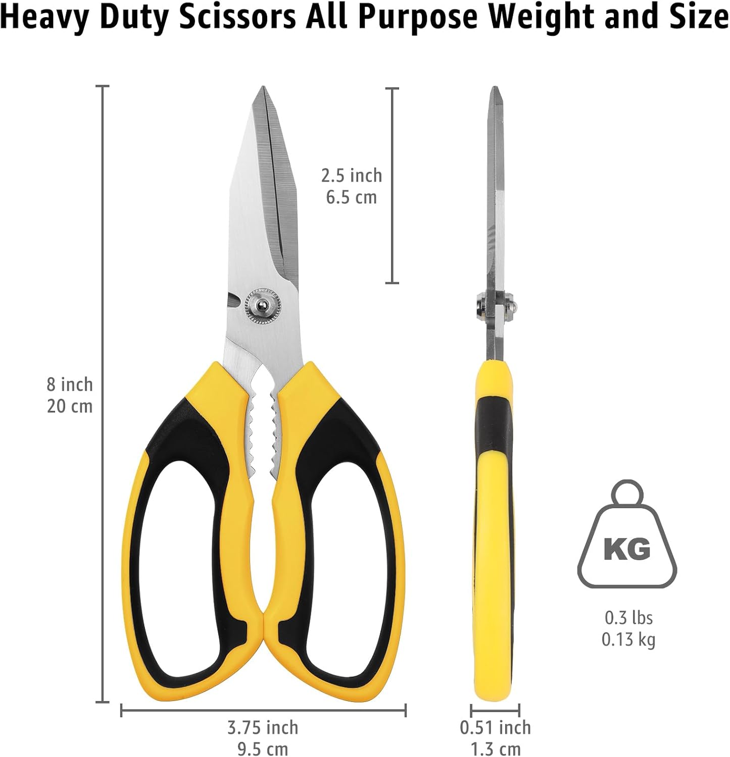 Utility Scissors All Purpose heavy duty 8-Inch Yellow | Comfort Grip, Sharp Serrated Blades Cutting Carpet Cardboard Wire Fabric, Multipurpose Shears for Kitchen Garden Office Craft