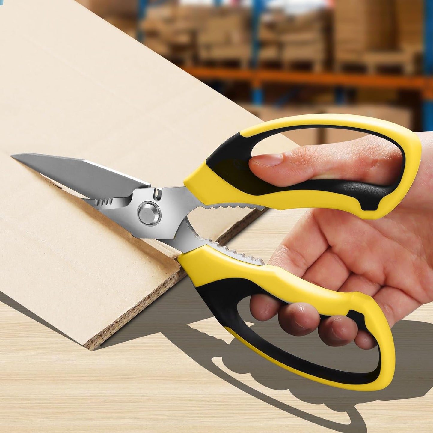 Utility Scissors All Purpose heavy duty 8-Inch Yellow | Comfort Grip, Sharp Serrated Blades Cutting Carpet Cardboard Wire Fabric, Multipurpose Shears for Kitchen Garden Office Craft