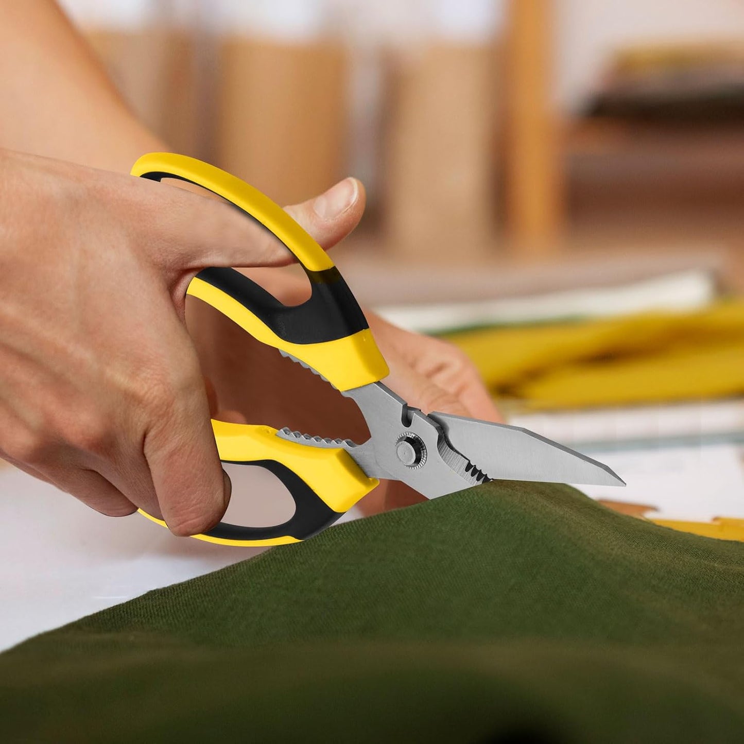Utility Scissors All Purpose heavy duty 8-Inch Yellow | Comfort Grip, Sharp Serrated Blades Cutting Carpet Cardboard Wire Fabric, Multipurpose Shears for Kitchen Garden Office Craft
