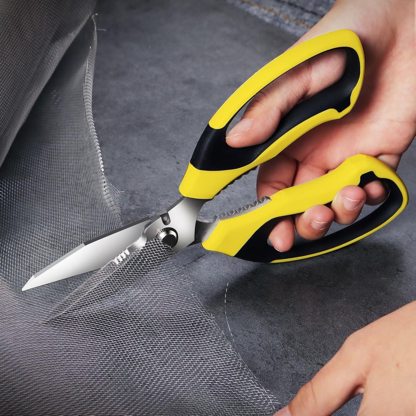 Utility Scissors All Purpose heavy duty 8-Inch Yellow | Comfort Grip, Sharp Serrated Blades Cutting Carpet Cardboard Wire Fabric, Multipurpose Shears for Kitchen Garden Office Craft