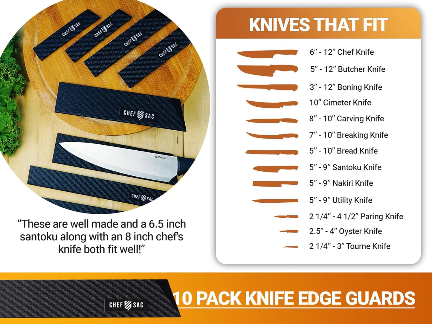 Knife Edge Guards, Universal Knife Sheath Covers, Professional Kitchen Chef Knife Protector Set, Blade Guard, BPA-Free ABS Plastic, Non-Scratch Felt Lining (10-Pack)
