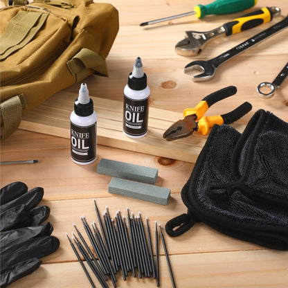 108 Pcs Knife Oil Rust Eraser Kit Includes Rust Remover Sword Maintenance Oil Microfiber Cloth Black Gloves Cotton Swabs for Carbon Steel Blade, Cleaning, Protection and Lubricant Care Set