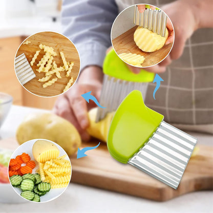 Stainless Steel Potato Crinkle Cutter Knife Set | 1 Fork Slicing Helper, 3 Carrot Wavy Knife, French Fry Slicer, Vegetable Wavy Chopper