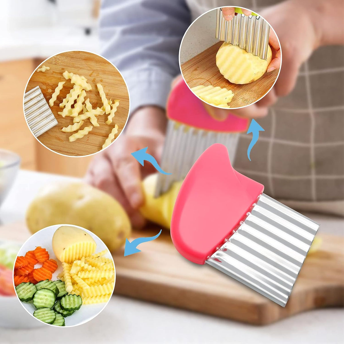 Stainless Steel Potato Crinkle Cutter Knife Set | 1 Fork Slicing Helper, 3 Carrot Wavy Knife, French Fry Slicer, Vegetable Wavy Chopper
