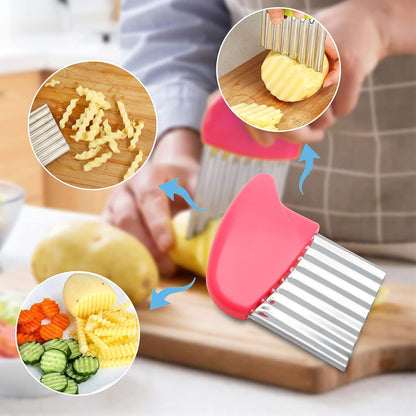 Stainless Steel Potato Crinkle Cutter Knife Set | 1 Fork Slicing Helper, 3 Carrot Wavy Knife, French Fry Slicer, Vegetable Wavy Chopper