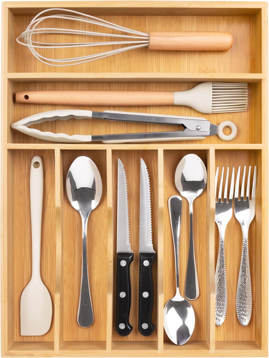 Utensil Organizer 13'' Silverware Drawer Organizer Cutlery Kitchen Bamboo | Natural Bamboo, 7 Compartment, Durable, Small Narrow Organizer, Silverware Tray, Utensil Holder, Silverware Drawer Organizer