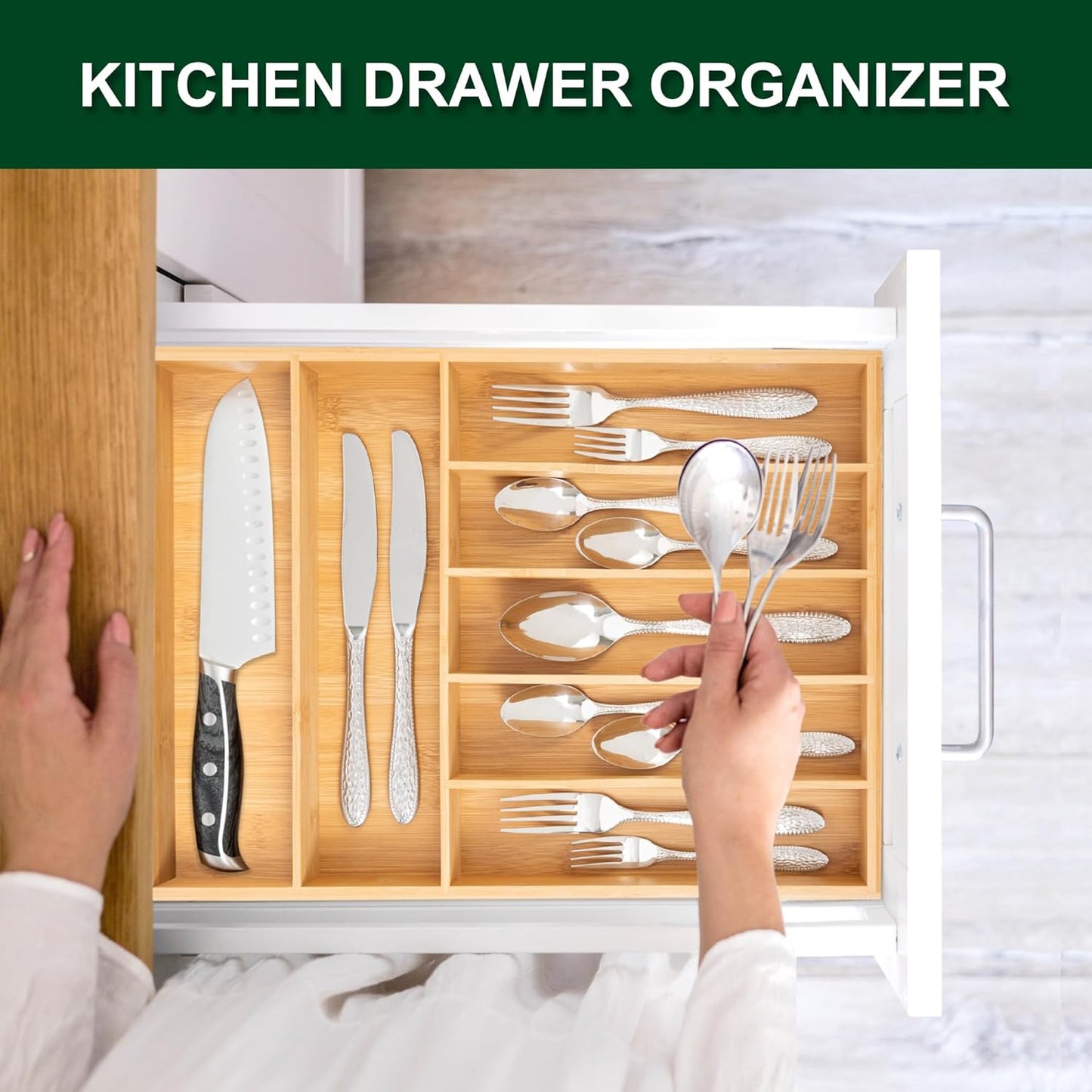 Utensil Organizer 13'' Silverware Drawer Organizer Cutlery Kitchen Bamboo | Natural Bamboo, 7 Compartment, Durable, Small Narrow Organizer, Silverware Tray, Utensil Holder, Silverware Drawer Organizer