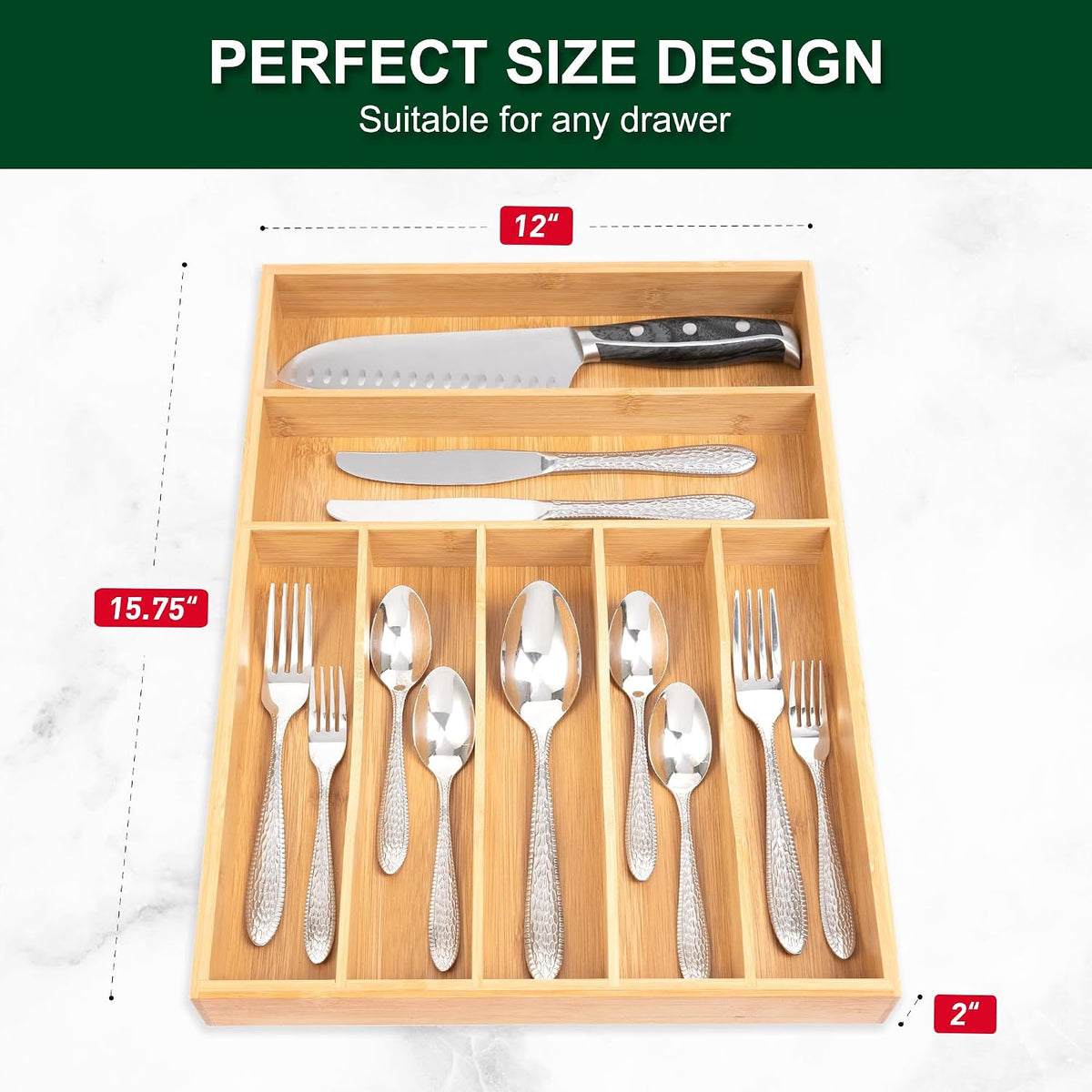 Utensil Organizer 13'' Silverware Drawer Organizer Cutlery Kitchen Bamboo | Natural Bamboo, 7 Compartment, Durable, Small Narrow Organizer, Silverware Tray, Utensil Holder, Silverware Drawer Organizer