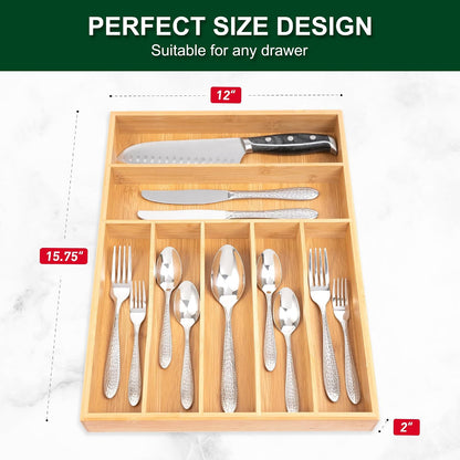 Utensil Organizer 13'' Silverware Drawer Organizer Cutlery Kitchen Bamboo | Natural Bamboo, 7 Compartment, Durable, Small Narrow Organizer, Silverware Tray, Utensil Holder, Silverware Drawer Organizer