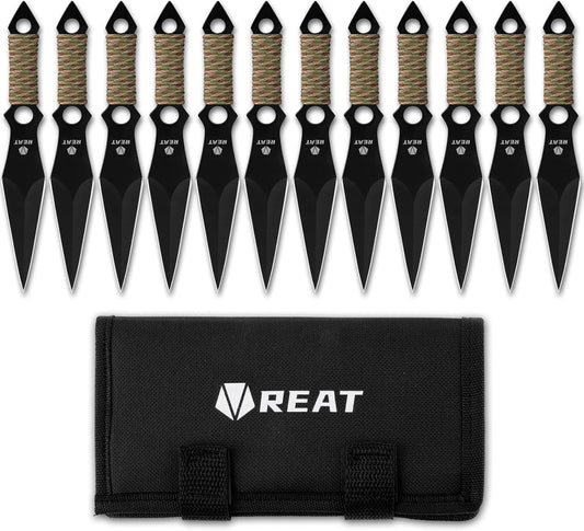 REAT Throwing Knives - 12 Piece, 6.5" 440 Stainless Steel with Cord-Wrapped Handle, Includes Nylon Carrying Case for Safe Storage,Ninja Kunai Knives for Competition,Recreation,Gifts for Men,Women (Black)