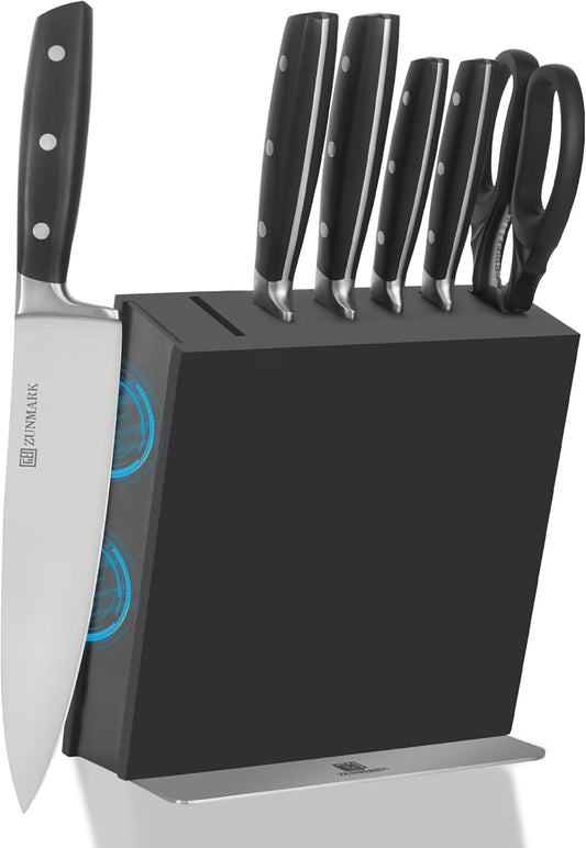 Knife Set, 7 Piece Sharp Chef Knife Set with Solid Wood Block, Unique One-Sided Magnetic Design, Full-tang Stainless Steel Knife Block Set for Home and Restaurants, Elegant Black
