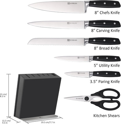 Knife Set, 7 Piece Sharp Chef Knife Set with Solid Wood Block, Unique One-Sided Magnetic Design, Full-tang Stainless Steel Knife Block Set for Home and Restaurants, Elegant Black