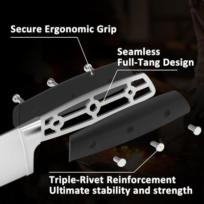 Knife Set, 7 Piece Sharp Chef Knife Set with Solid Wood Block, Unique One-Sided Magnetic Design, Full-tang Stainless Steel Knife Block Set for Home and Restaurants, Elegant Black