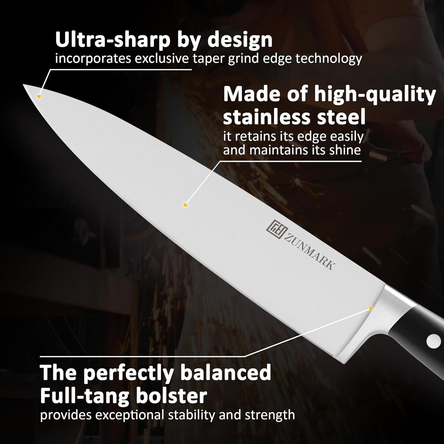 Knife Set, 7 Piece Sharp Chef Knife Set with Solid Wood Block, Unique One-Sided Magnetic Design, Full-tang Stainless Steel Knife Block Set for Home and Restaurants, Elegant Black