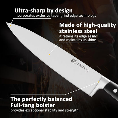Knife Set, 7 Piece Sharp Chef Knife Set with Solid Wood Block, Unique One-Sided Magnetic Design, Full-tang Stainless Steel Knife Block Set for Home and Restaurants, Elegant Black