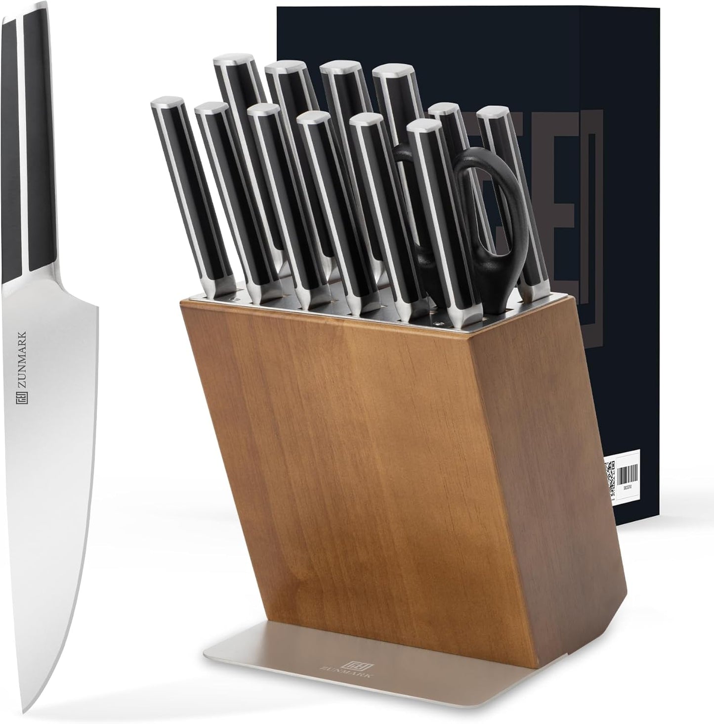 Knife Set, 7 Piece Sharp Chef Knife Set with Solid Wood Block, Unique One-Sided Magnetic Design, Full-tang Stainless Steel Knife Block Set for Home and Restaurants, Elegant Black