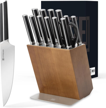 Knife Set, 7 Piece Sharp Chef Knife Set with Solid Wood Block, Unique One-Sided Magnetic Design, Full-tang Stainless Steel Knife Block Set for Home and Restaurants, Elegant Black