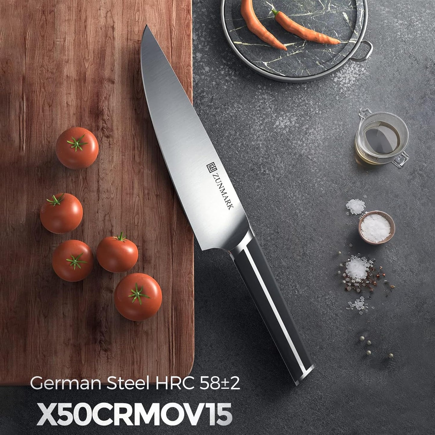 Knife Set, 7 Piece Sharp Chef Knife Set with Solid Wood Block, Unique One-Sided Magnetic Design, Full-tang Stainless Steel Knife Block Set for Home and Restaurants, Elegant Black